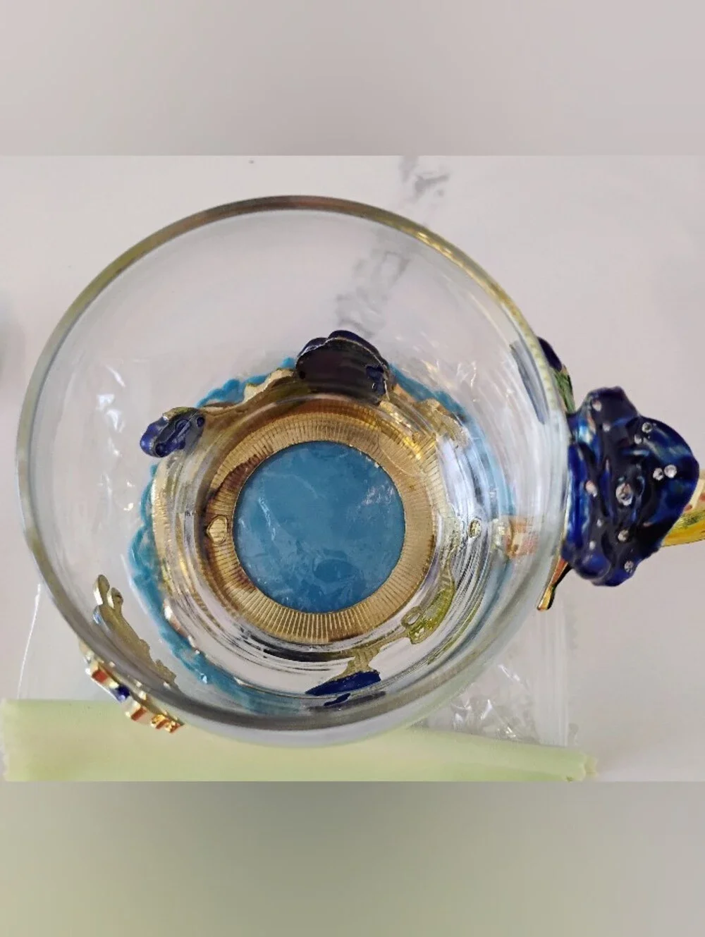 NIB Glass Tea Cup Set w/Enamel Butterfly Accents - Blue & Gold